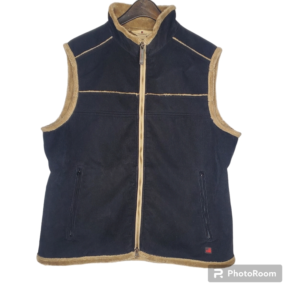 Woolrich Corduroy Vest Black‎ Tan Womens Size L Full Zip Soft Cozy Lining